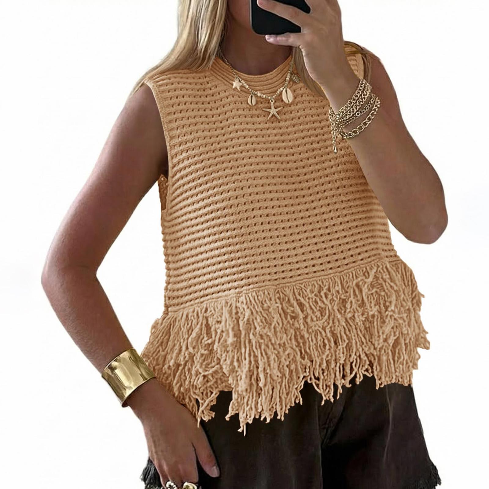 

Women’s Sleeveless Knitted Tank Top with Hem Casual Loose Fit Crochet Pullover Vest for Summer Daily Wear M хаки
