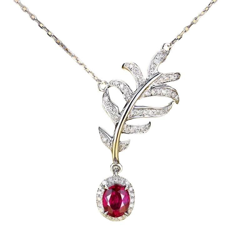 Simulation Gemstone Collarbone Chain Plated 18K Gold Zircon Inlaid Pt950 Leaf Feather Necklace Pendant