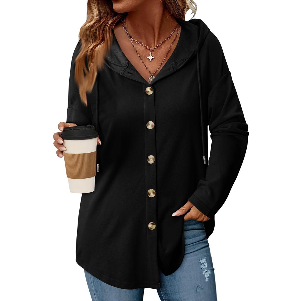 Women's Fashion Casual Raglan Long-Sleeve Drawstring Coat, Vintage Buttoned Hooded Coat