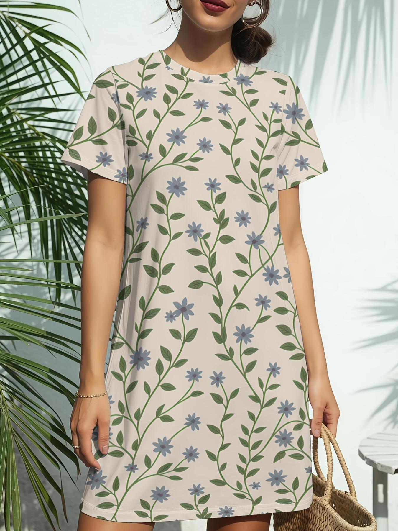 

Sage Floral BreezeNew Arrival Women s Round Neck Short-Sleeve T-shirt Dress.American Trendy Digital Print. Casual Versatile Style for Spring and Summe XL дубильна кора