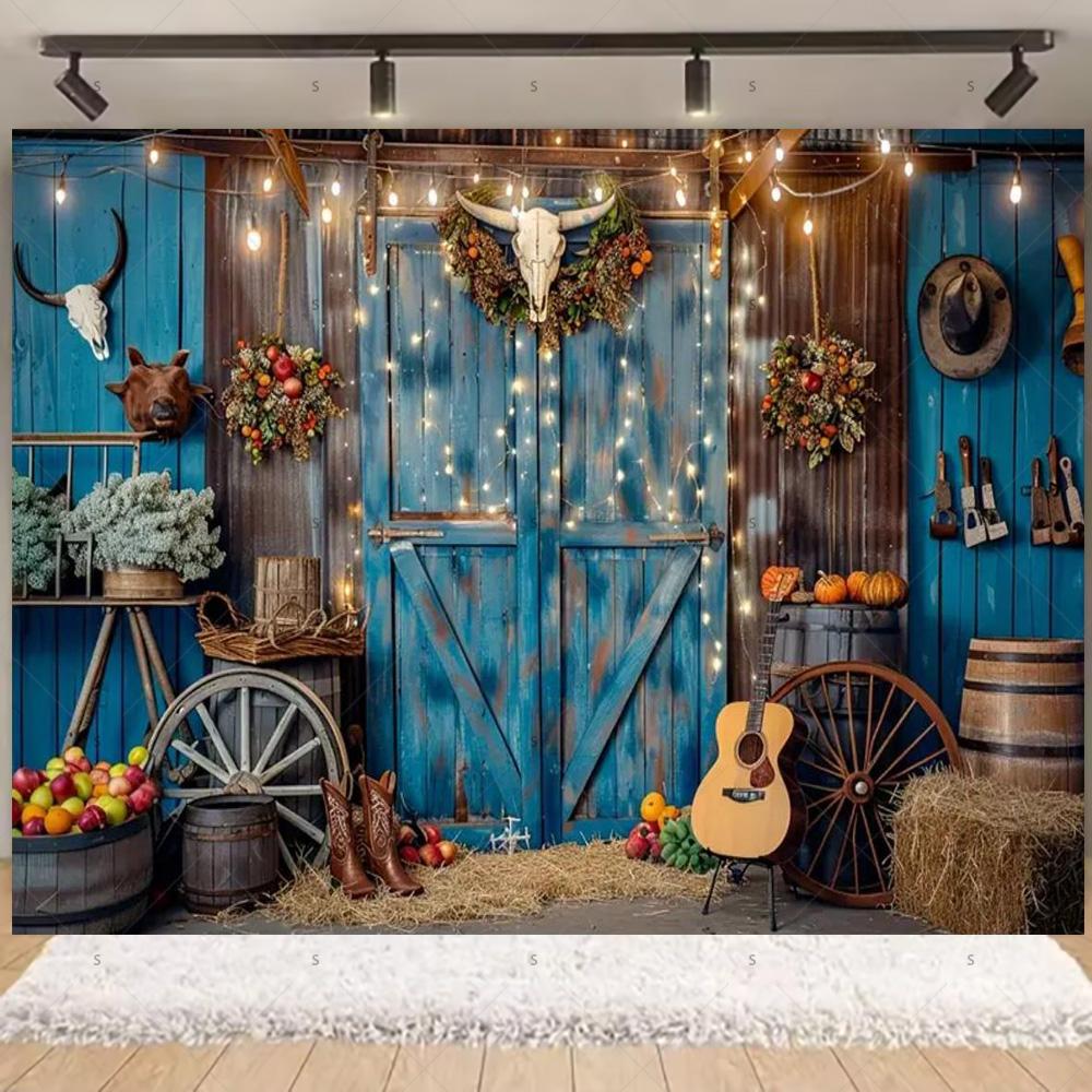 Western Cowboy Photography Backdrop Rustic Farm Barn Haystack Wood House Horse Wheel Background Party Decor Photo Shoot Props