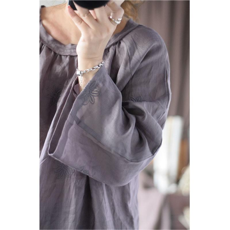 Johnature Women Vintage Embroidery Floral Tops O-Neck Long Sleeve Spring Solid Color Loose Women Shirts