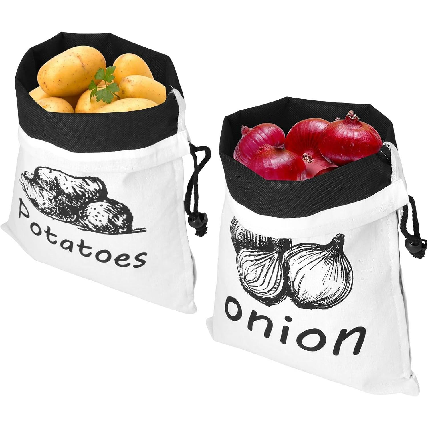 

2Pcs Produce Storage Bag Reusable Cotton Linen Drawstring Bag Washable Potato and Onion Storage Bags with Side Zipper Hessian Vegetable Storage Bags A