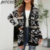 BITCED Autumn/Winter Women's Diamond-Patterned Oversized Knitted Cardigan Jacquard Mid-Length Sweater Coat