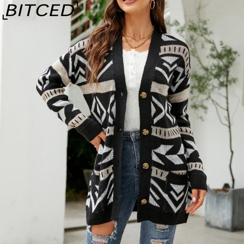 BITCED Autumn/Winter Women's Diamond-Patterned Oversized Knitted Cardigan Jacquard Mid-Length Sweater Coat