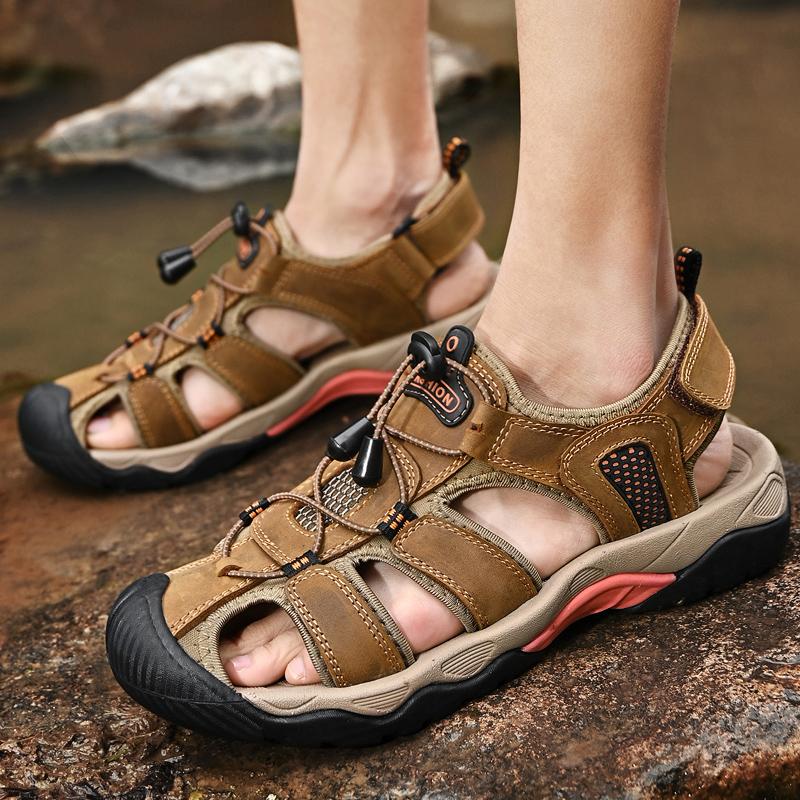 Fashion Genuine Leather Men Sandals Anti-collision Toe Mens Canyoning Shoes Durable Handmade Beach Shoes Non Slip Indoor Outdoor Sandals