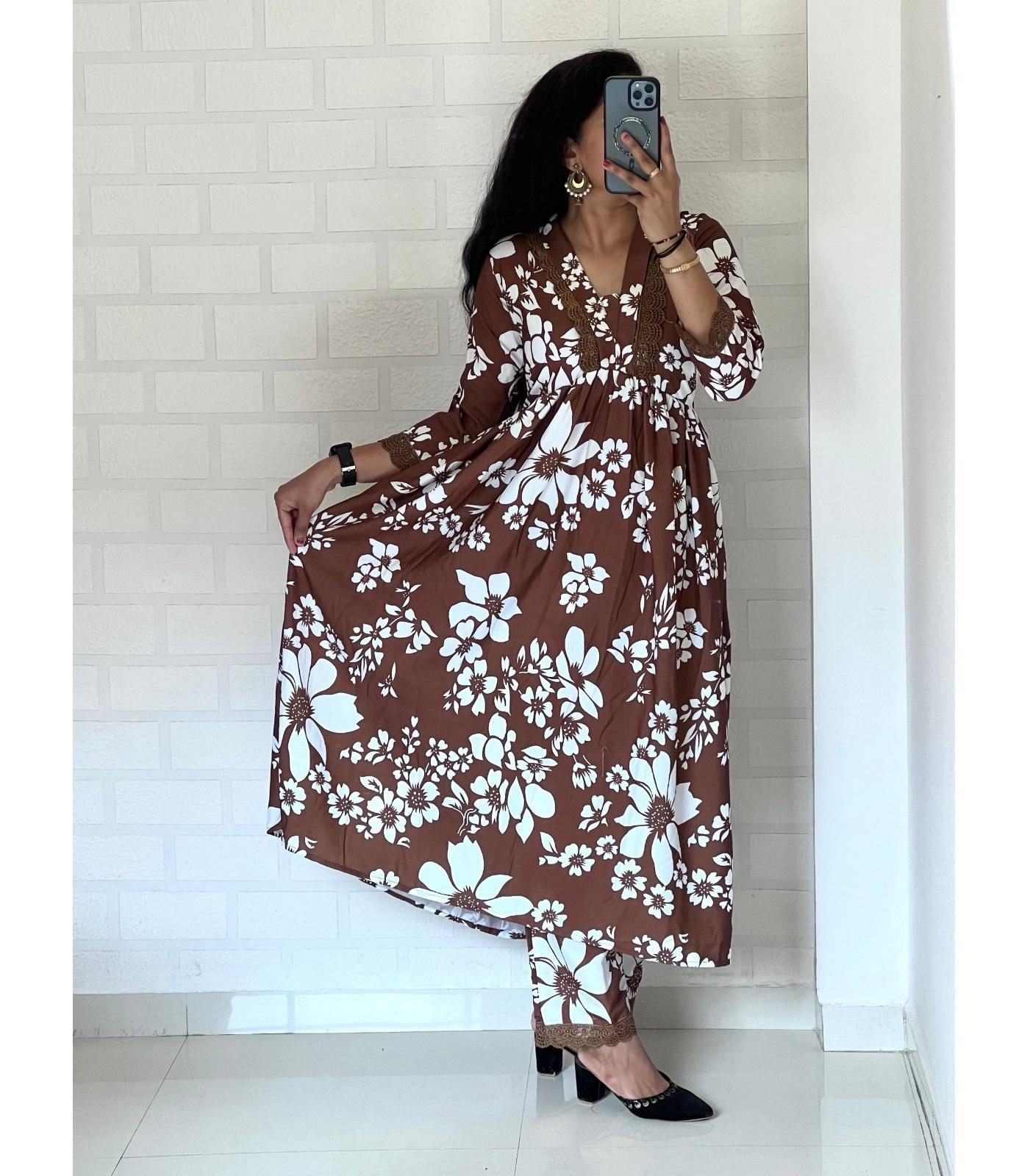 

Женский дизайнерский праздничный комплект из вискозы и хлопка: курта и брюки. Индийский болливудский топ-туника-курты-платье 2XL коричневый