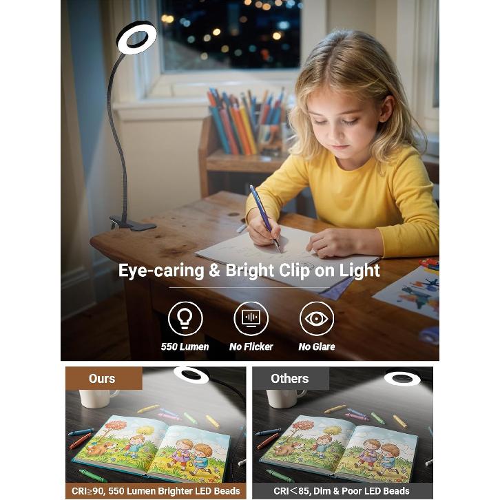 Clip on Lamp,5 Colors+10 Brightness LED Desk Lamp with Clamp,550lm Bright Clip on Light for Bed Headboard/Bedside Table,360°Adjustable Reading Light