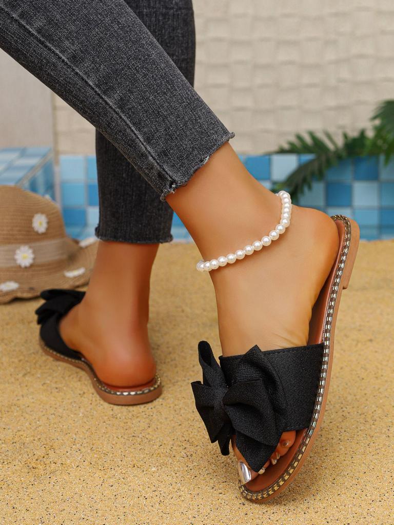 2026 Summer Women's Plus Size Bow One-Strap Flat Slippers - Lightweight, Comfortable & Solid Color for Outdoor Wear