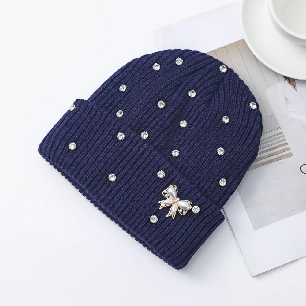 Solid Color Crystal Pearl Bow Beanie Warm Pullover Hat Fashion Knit Hat Outdoor