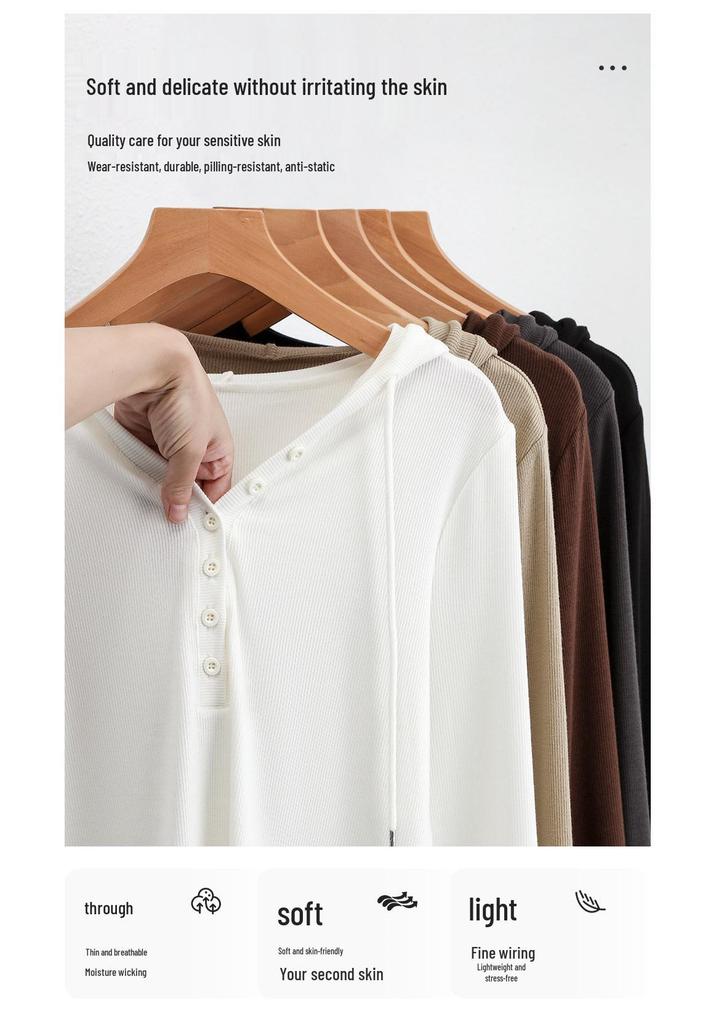 Women's V-Neck Button-Down Hooded Sweatshirt Base Layer - Slim Fit Long Sleeve for Spring & Autumn