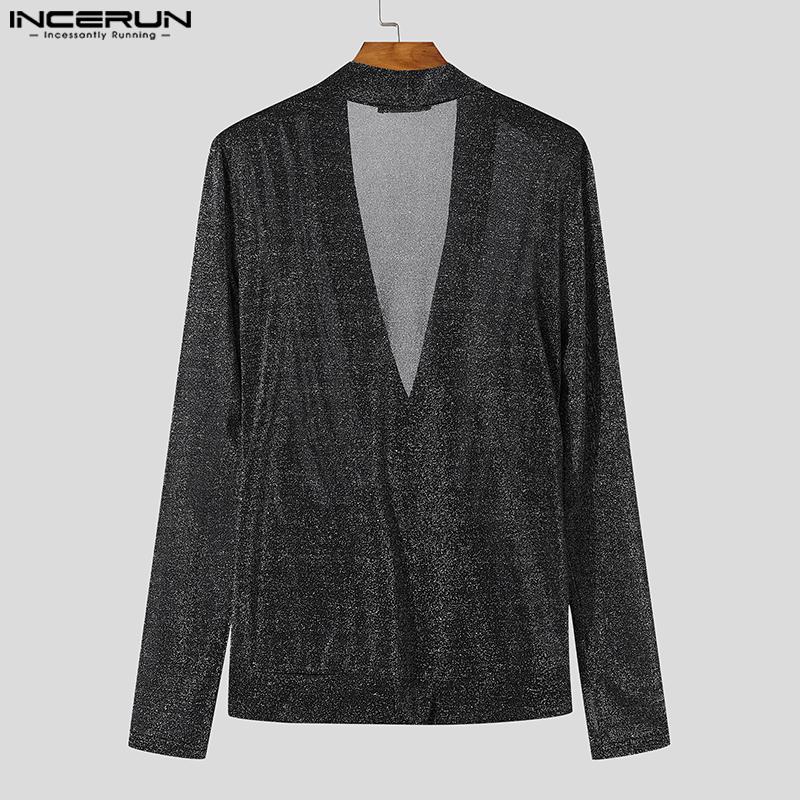 INCERUN Men V Neck Long Sleeve Glitter Front Cross See Through Tops T-shirts