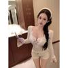 Pure Desire Sexy V-neck Women's Autumn Winter Rich Lady's Bell Sleeve Lace Bottoming Top