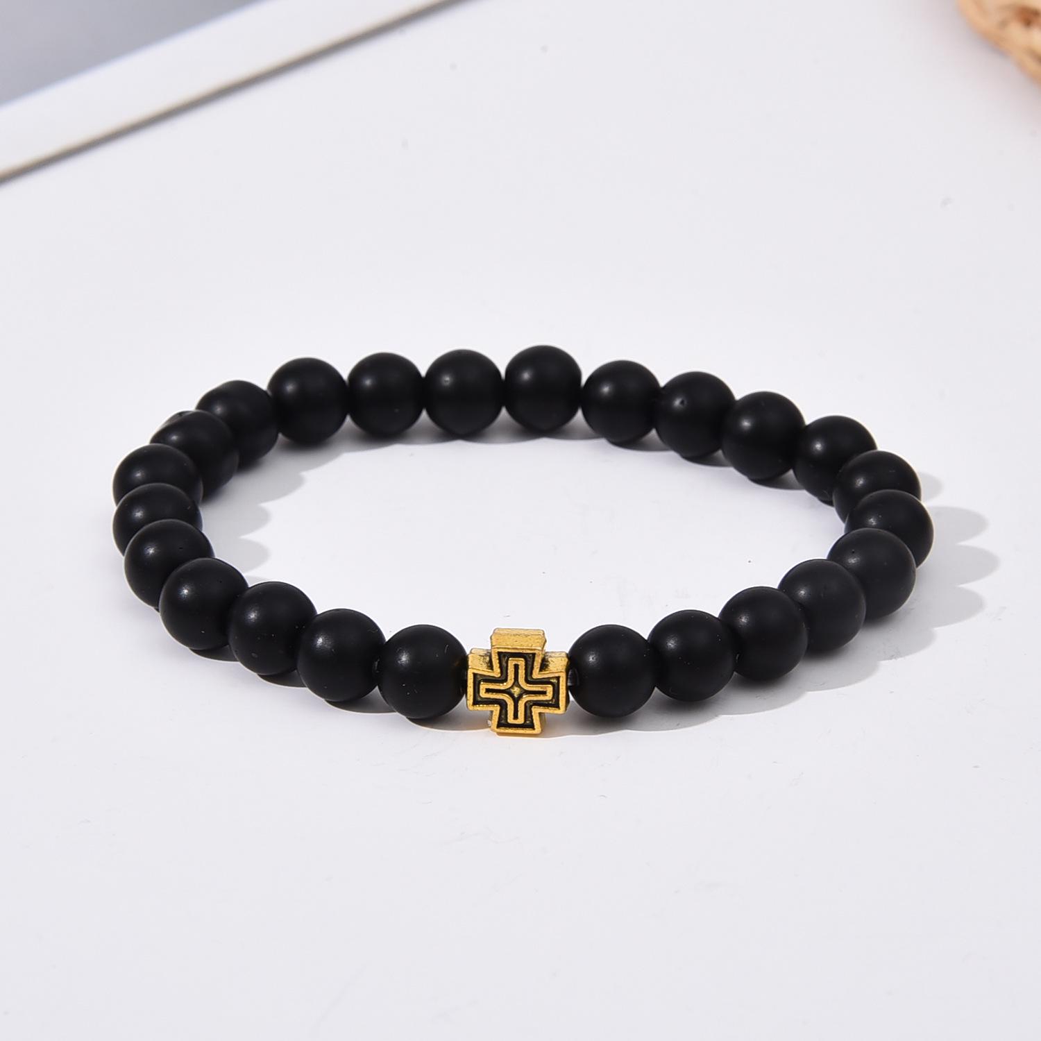 Натуральный браслет из тигрового глаза с бусиной-крестом из нержавеющей стали и эластичной нитью