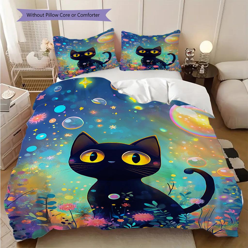 Black Cat Pattern Bedding Quilt Set Quilt Cover Pillowcase Home Decoration Birthday Gift (1 * Duvet Cover + 2 * Pillowcase, Without Core)
