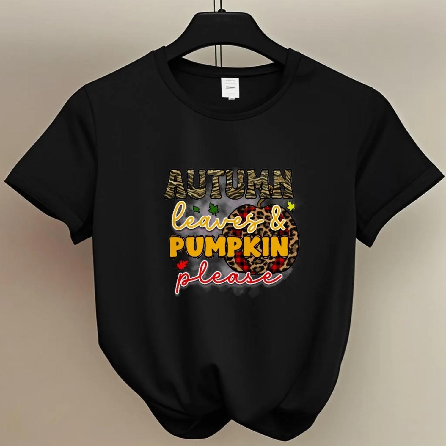 Women s Short Sleeve T-Shirt Autumn Leaves Pumpkin Please Fall themed Print for to Autumn S чёрный