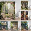 Hand-Painted Street View Shower Curtains European Garden Cafe Green Plants Flowers Greenery Bathroom Decor Modern Bath Curtain