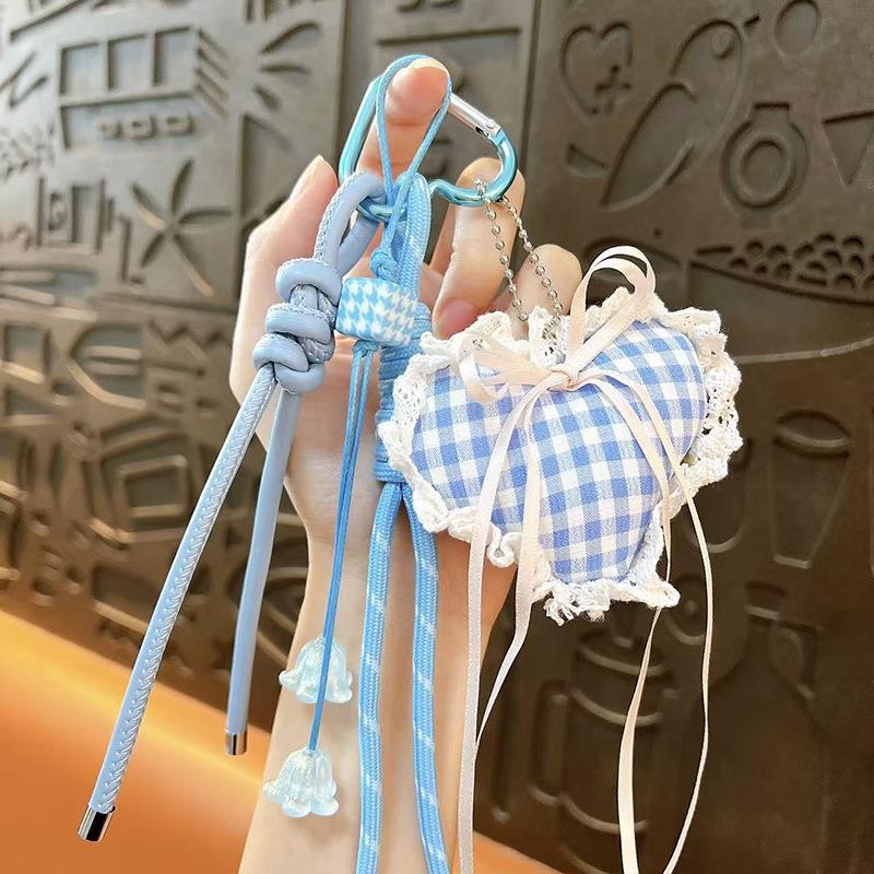 New sweet love lace plaid streamer keychain cute bow ribbon love bag pendant wholesale
