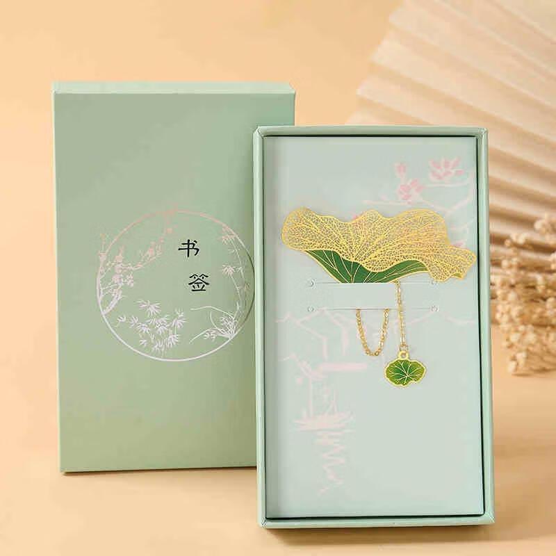 Classical Chinese Hollow Bookmark with Lotus Leaf Pendant