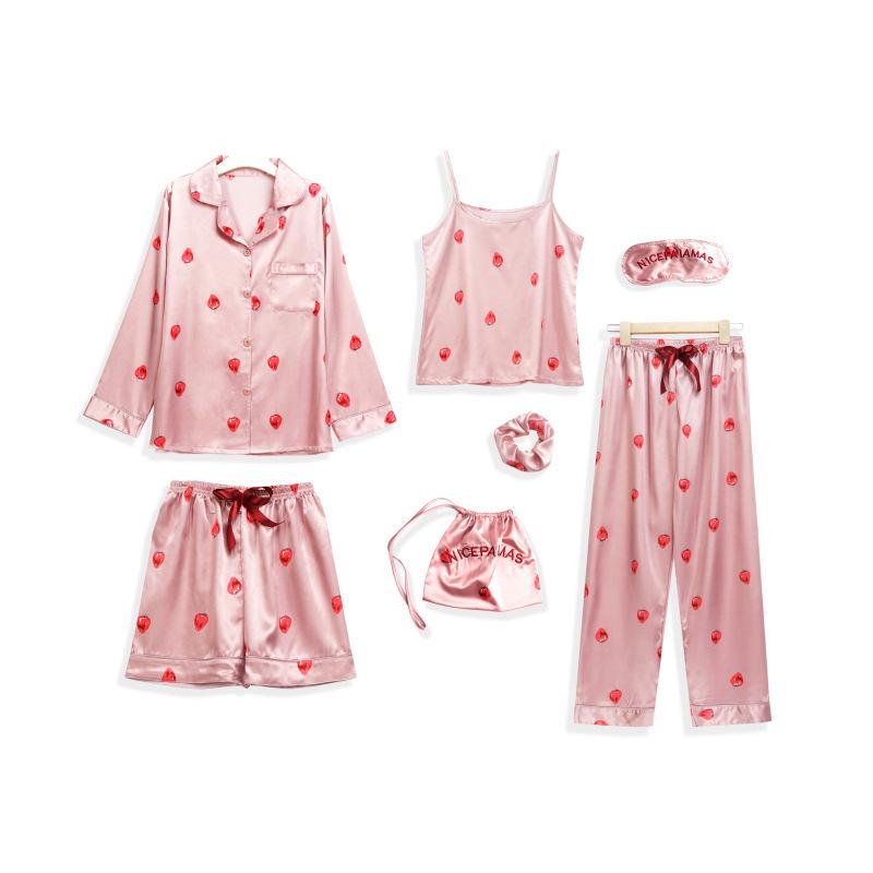 Sieben teiliges gestreiftes Pyjama-Set aus Kunstseide mit langärmeligem Cardigan und Camisole für Frühling und Herbst