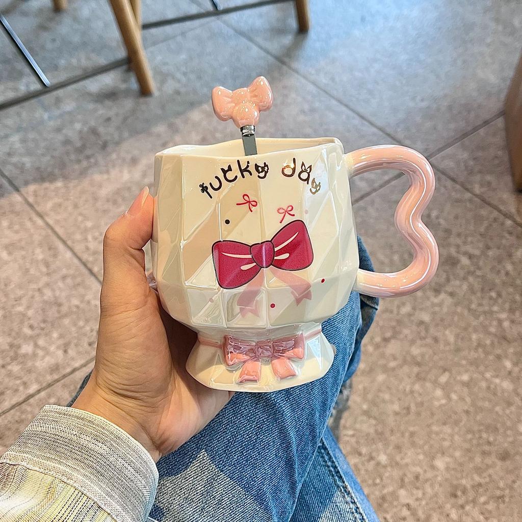 Bow Mug High Looking Girl Heart Cup Ceramic Water Cup Home Couple Office Coffee Breakfast Cup