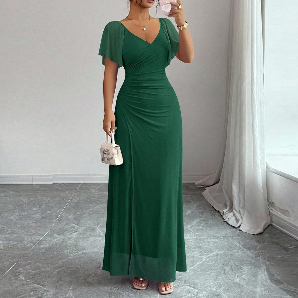 Damesmode V-hals Vliegende Mouw Split Avondjurk Jurk