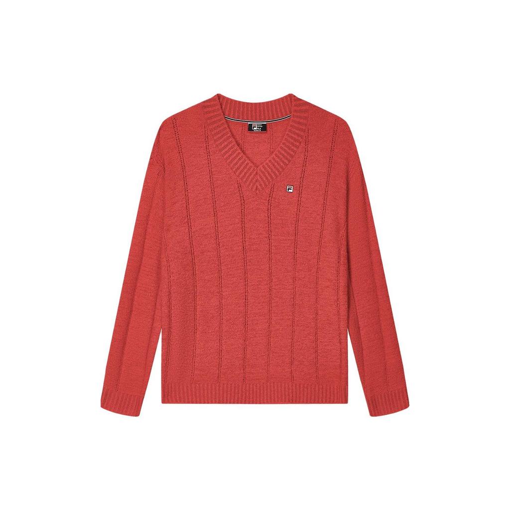 Fila Solid Color V-Neck Casual Pullover Sweater Women Sweater Legendary-Red F11W341408F-RD