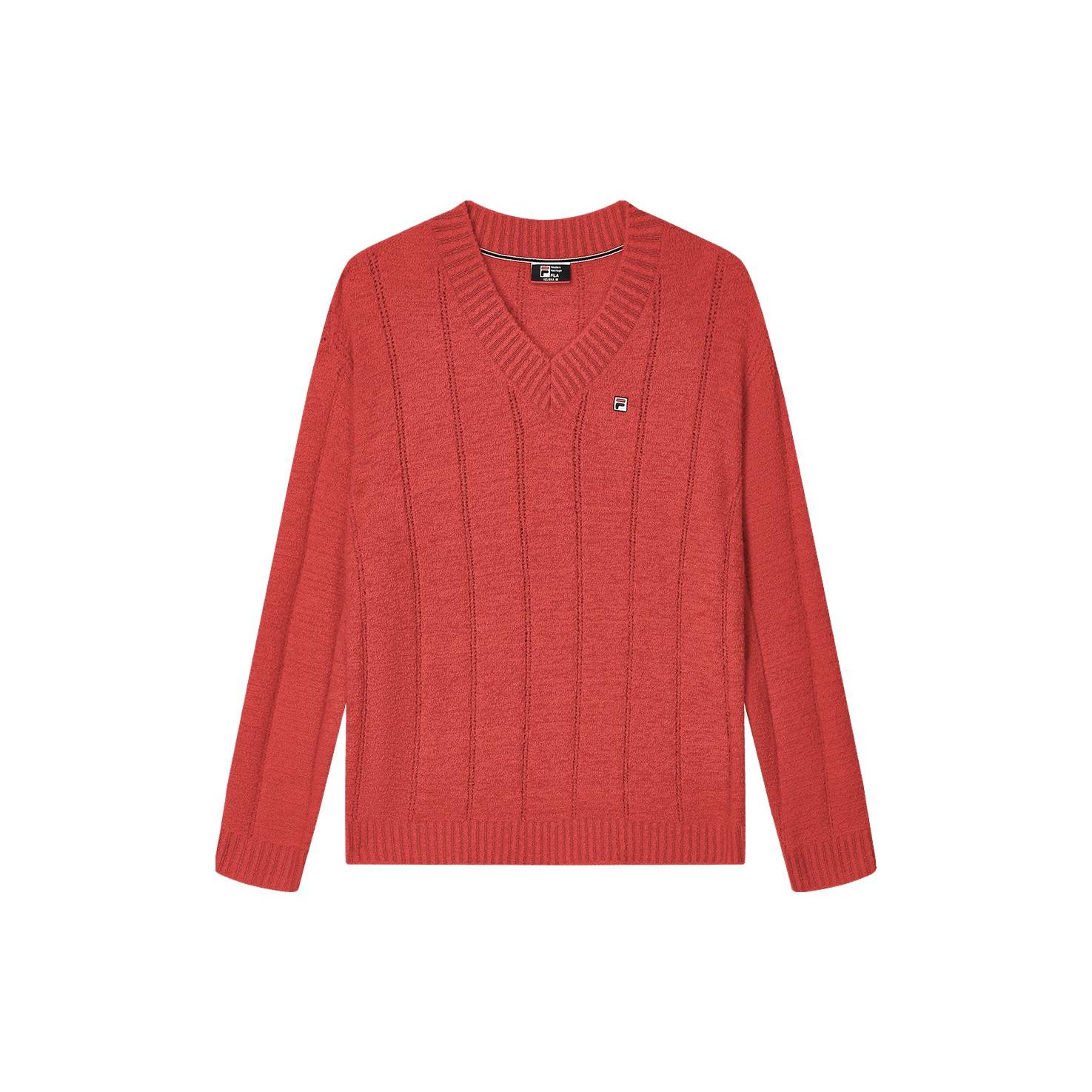 

FILA однотонный повседневный свитер с V-образным вырезом женский свитер легендарный-красный F11W341408F-RD XL