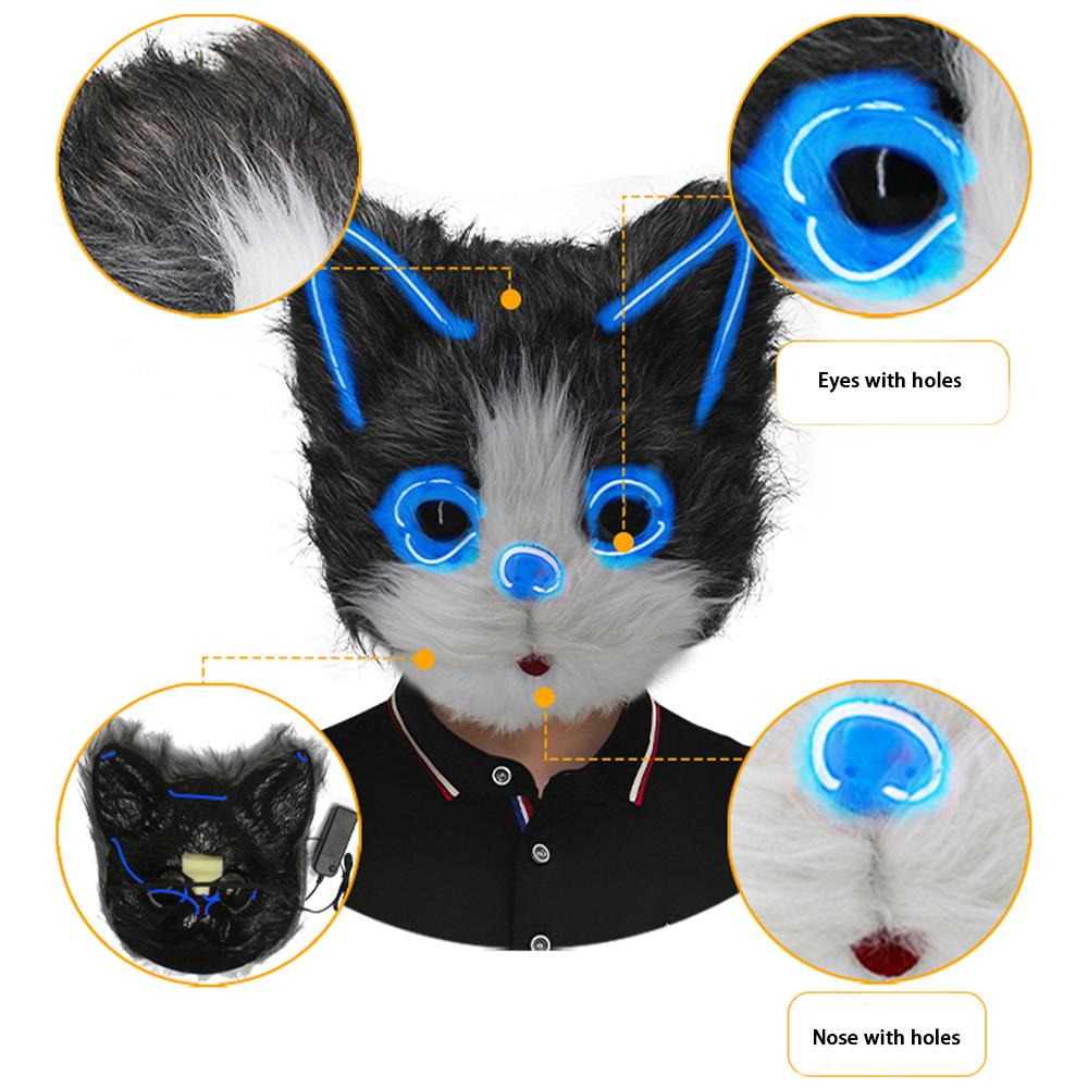 Plush Blue Light Cat Head Mask Kitten Face Cover Cosplay Cat Disguise Masks Glowing LED Neon Party Mask Costume Party Halloween