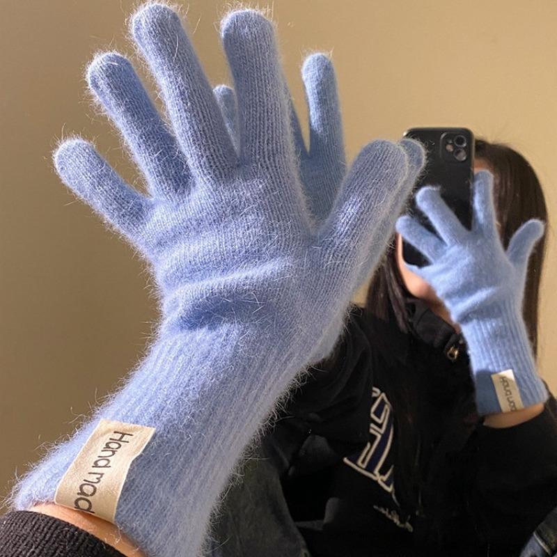 Extended rabbit fur blue knitted wool gloves for women's winter thickened warm riding