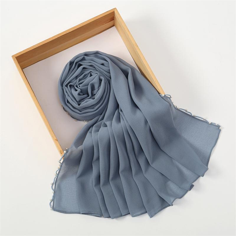 Muslim Chiffon Hijab Scarf Pearl Edge Solid Color Squane Head Wrap For Women Hijabs Scarves Jersey Hijabs Islamic Turban Headban