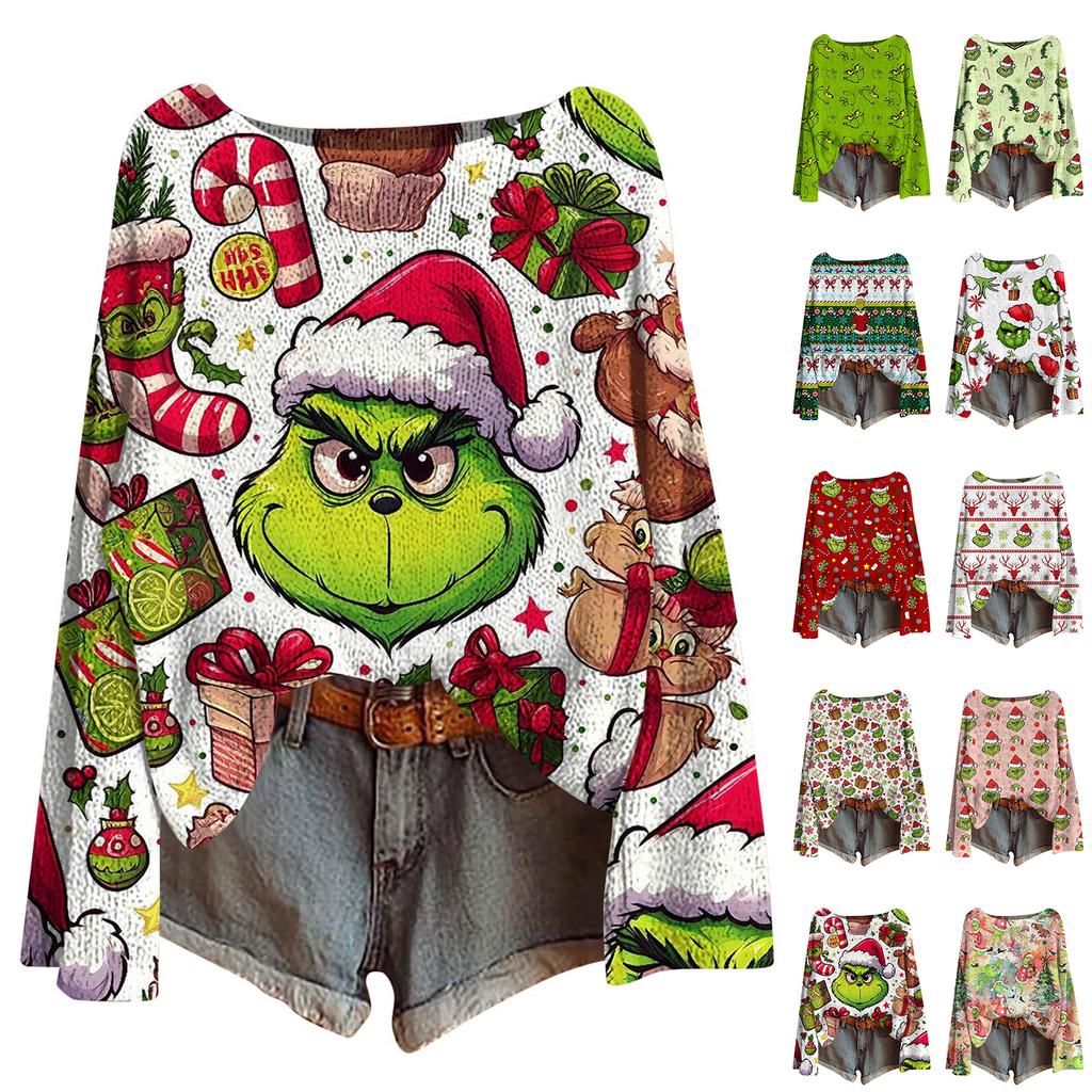 Women's Fashion Christmas Print Lightweight Sweater Casual Long-Sleeve Knit Pullover Top