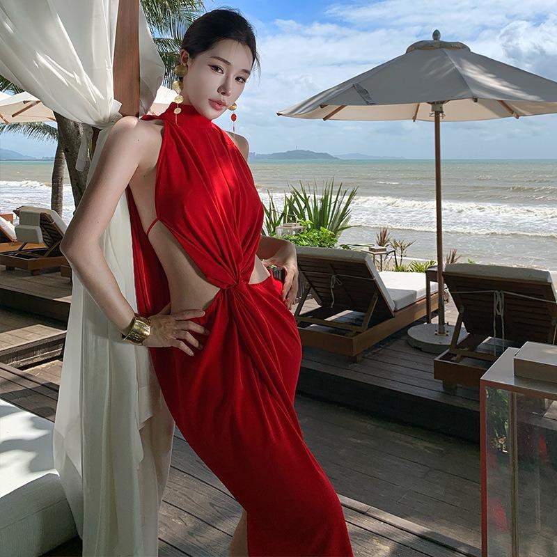 Sexy Side Waist Hollow Kink Neck Skirt Slack Red Birthday Dress Vacation Dress