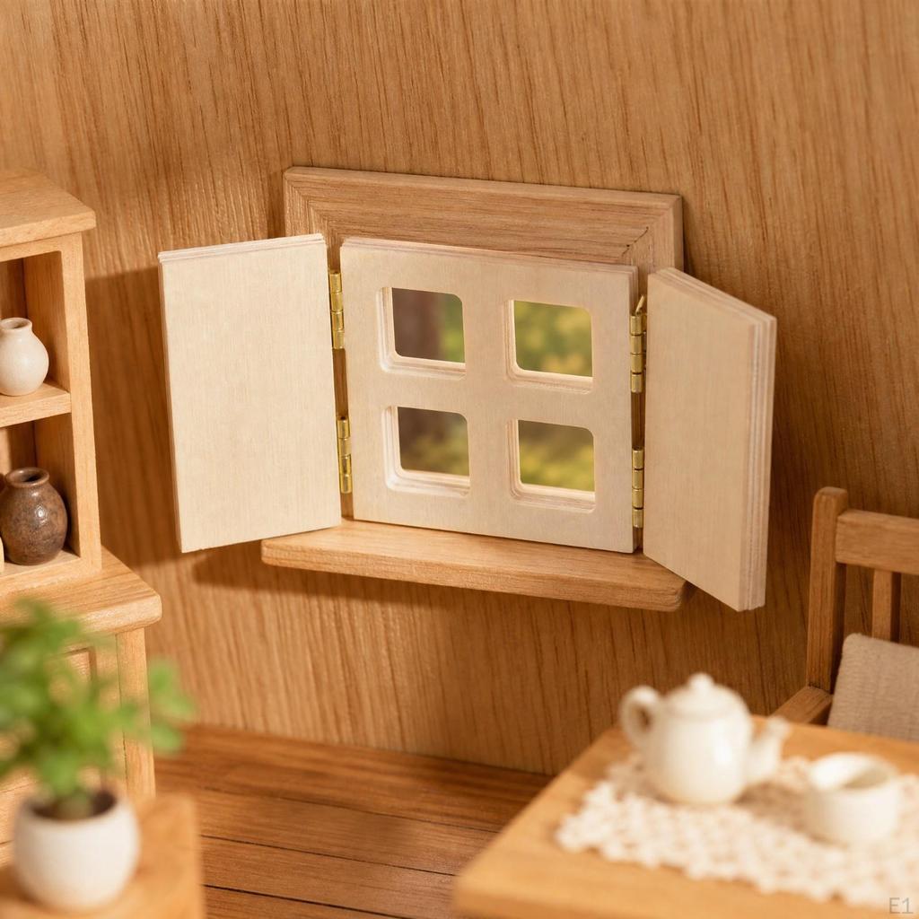 Dollhouse Accessory Wood Finish Hinged Miniature Window with Metal Hinges for BJD Collectors, Craft