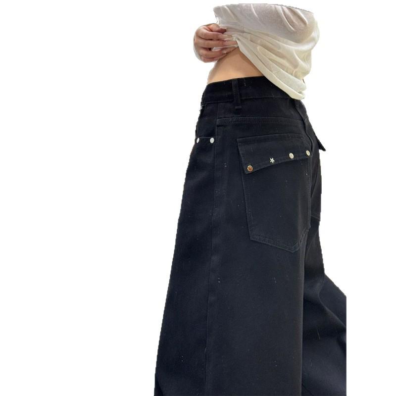 Plus Size Women's Black Floor-Length Straight Jeans with Pockets - Slimming, Loose Fit, Versatile American Streetwear