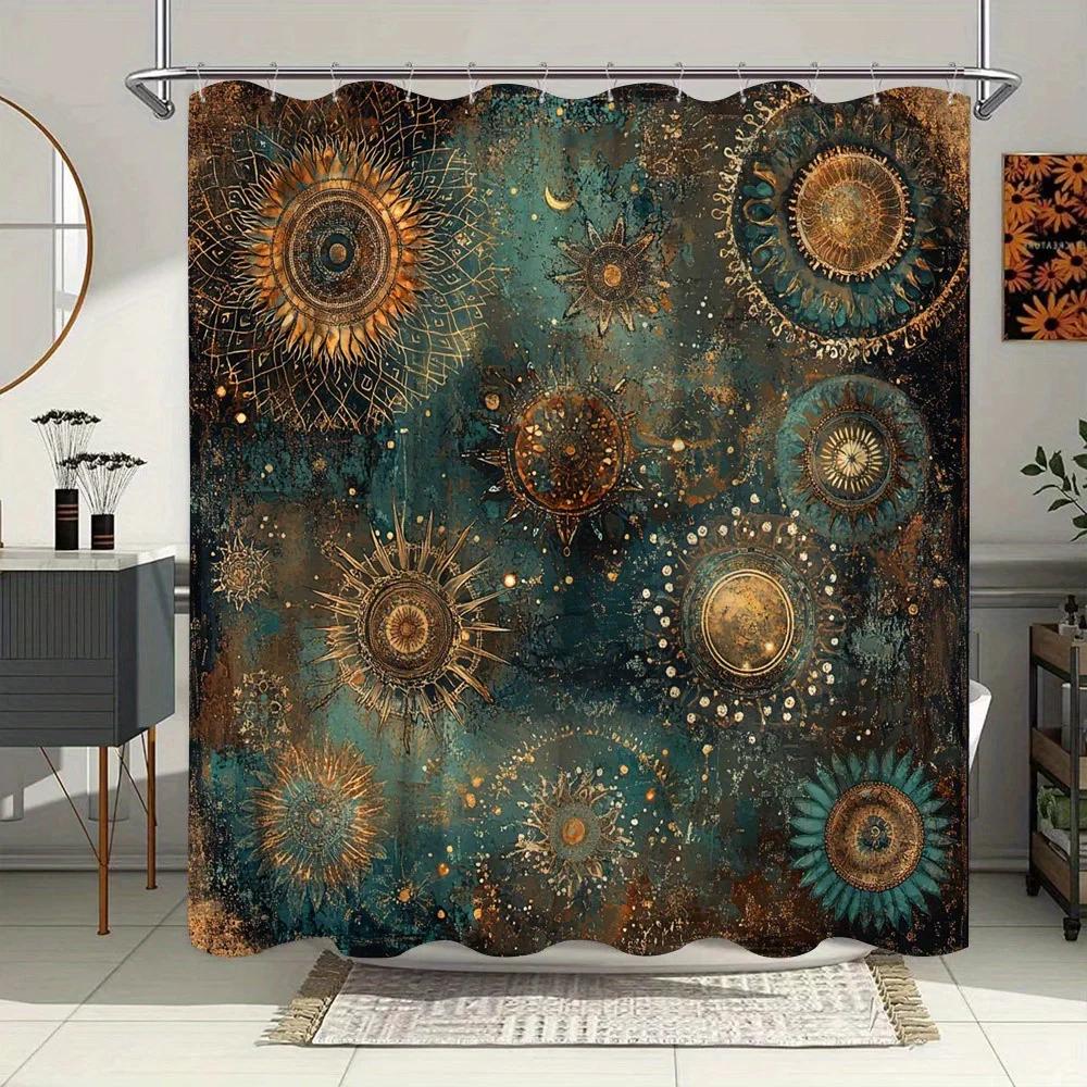 Шторка для душа в стиле стимпанк с мандалой - Дизайн цифрового искусства в золотом, бирюзовом и коричневом цветах с винтажным потертым фоном, Полиэстер W90xH180cm