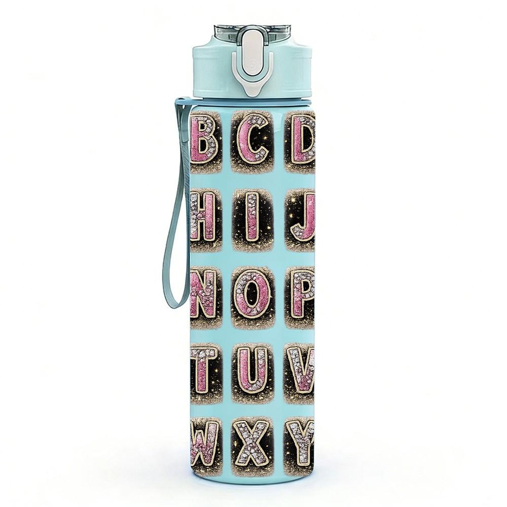 1PC Alphabet Letter Block Retro Print 750ml Color Plastic Sports Water Bottle Leakproof Flip Straw Lid Suitable for Sports Office Home Use