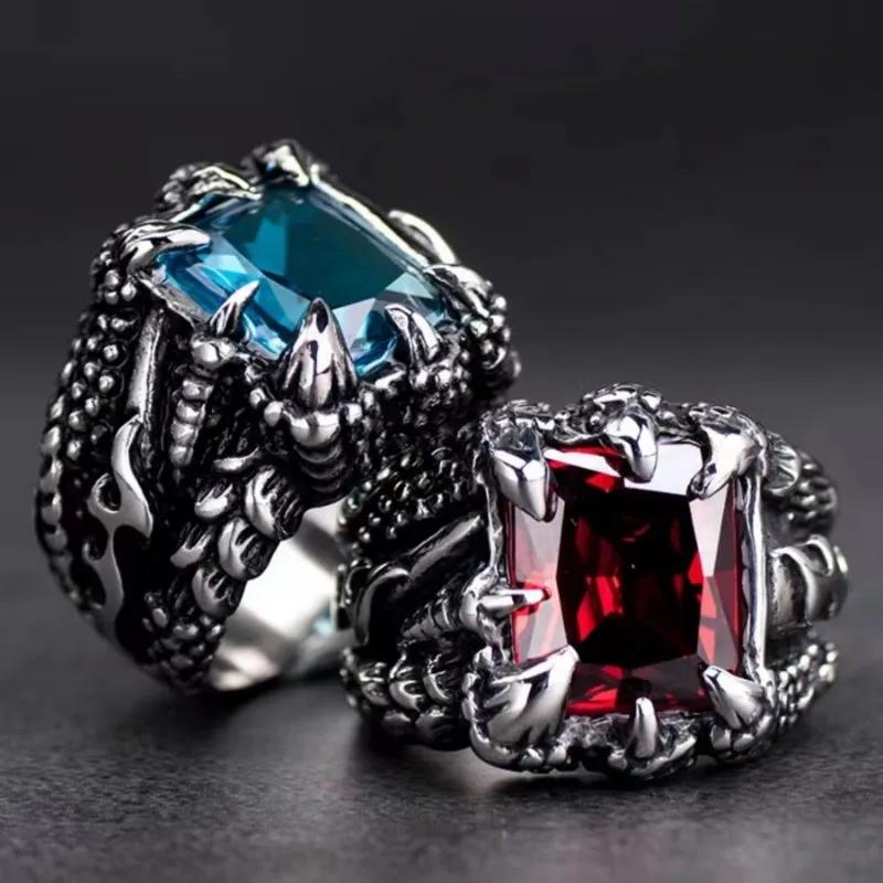 Gothic Blue and Red Crystal Zircon Evil Demon Dragon Claw Ring for Men Gram Biker Punk Rock Hip Hop Opening Rings Cool Jewelry