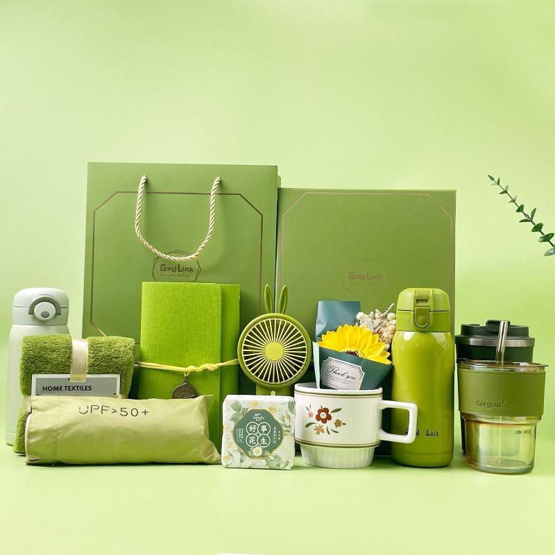 Green Gift Set With Glass Straw Cup Super Soft Towel And Upf 50 Sun Accessory For Corporate Gifts Employee Rewards Holiday Gifts