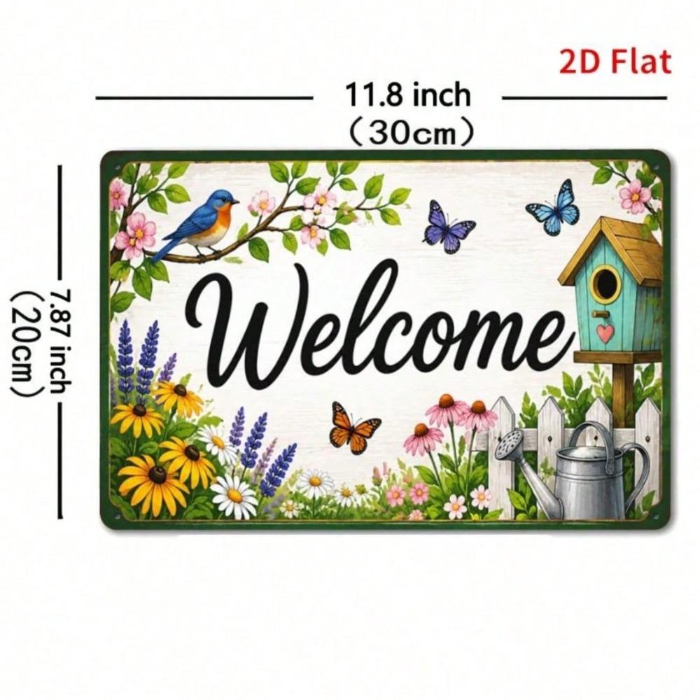 1pc Wildflower Blue Bird Butterfly Metal Tin Sign, Rustic Welcome Plaque for Front Door, Cottage Garden Decor Indoor/Outdoor