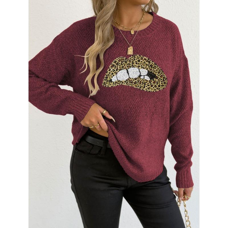 Women's Leopard Print Embroidered Sequin Lips Personalized Crew Neck Pullover Sweater