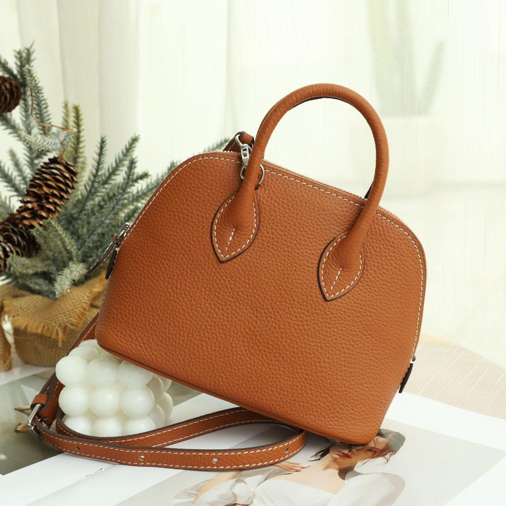 Mini Cowhide Crossbody Bowling Bag with Zipper - Classic Shell Design