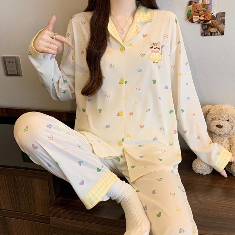 Imitation cotton ins style bow pajamas women's spring new fashion lazy long-sleeved loungewear two-piece set