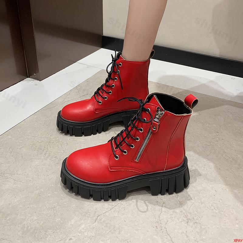 Botines Rojos de Plataforma Gruesa para Mujer Moda Otoño Invierno Cremallera Lateral Cuero PU Botines Punk Suela Gruesa Botas Moteras