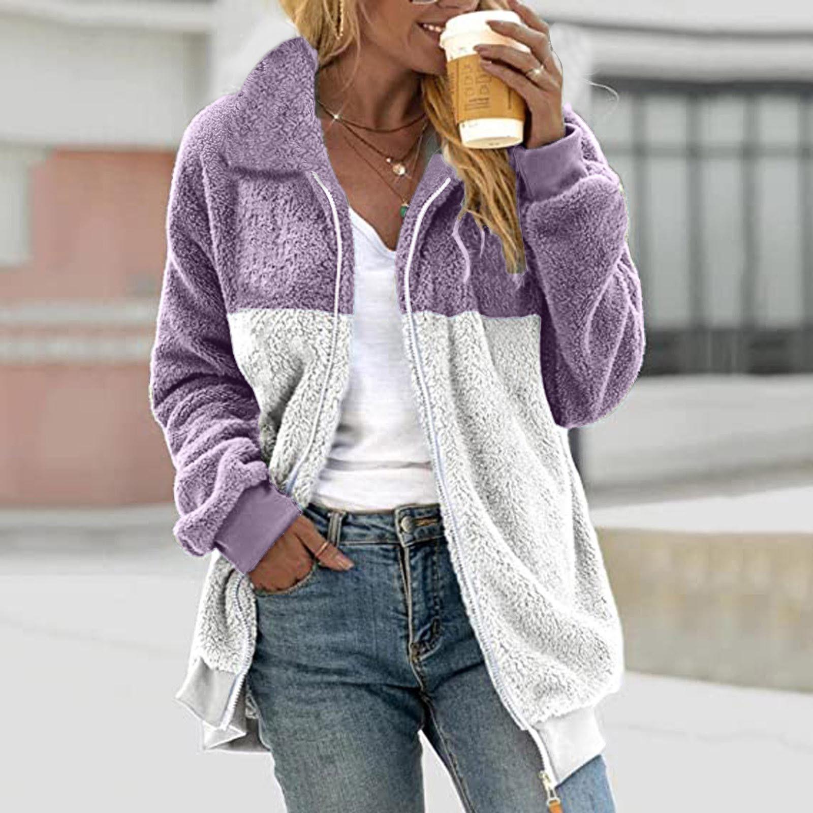 

Женская повседневная свободная плюшевая куртка с цветными блоками на молнии с отложным воротником и карманами XXL