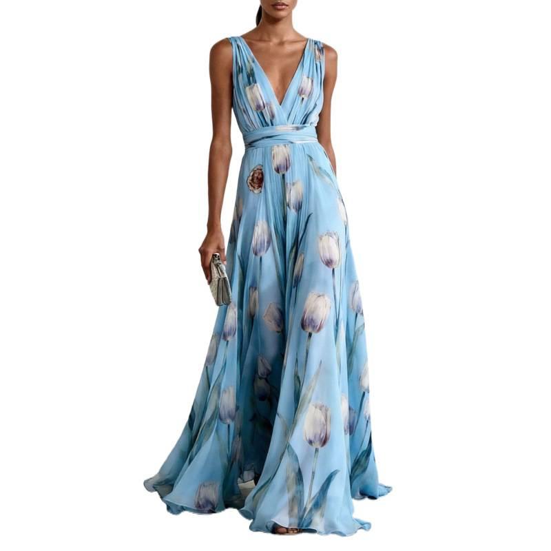 2026 European and American fashion evening dress A-shaped skirt women's sleeveless V-neck printed pendulum dress