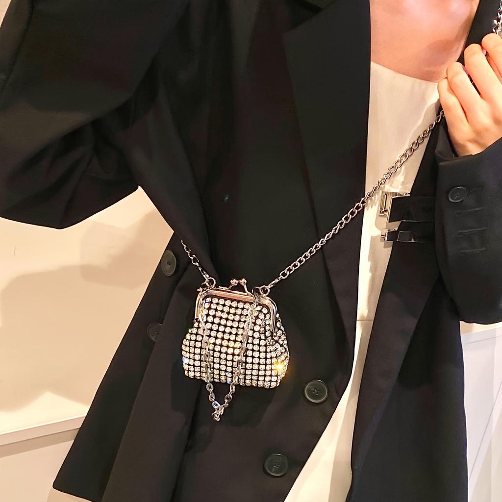 Trendy Mini Rhinestone Kiss Lock Crossbody Bag For Girls Cute Punk Evening Shoulder Purse With Detachable Metal Chain Strap Ideal For Parties Outings