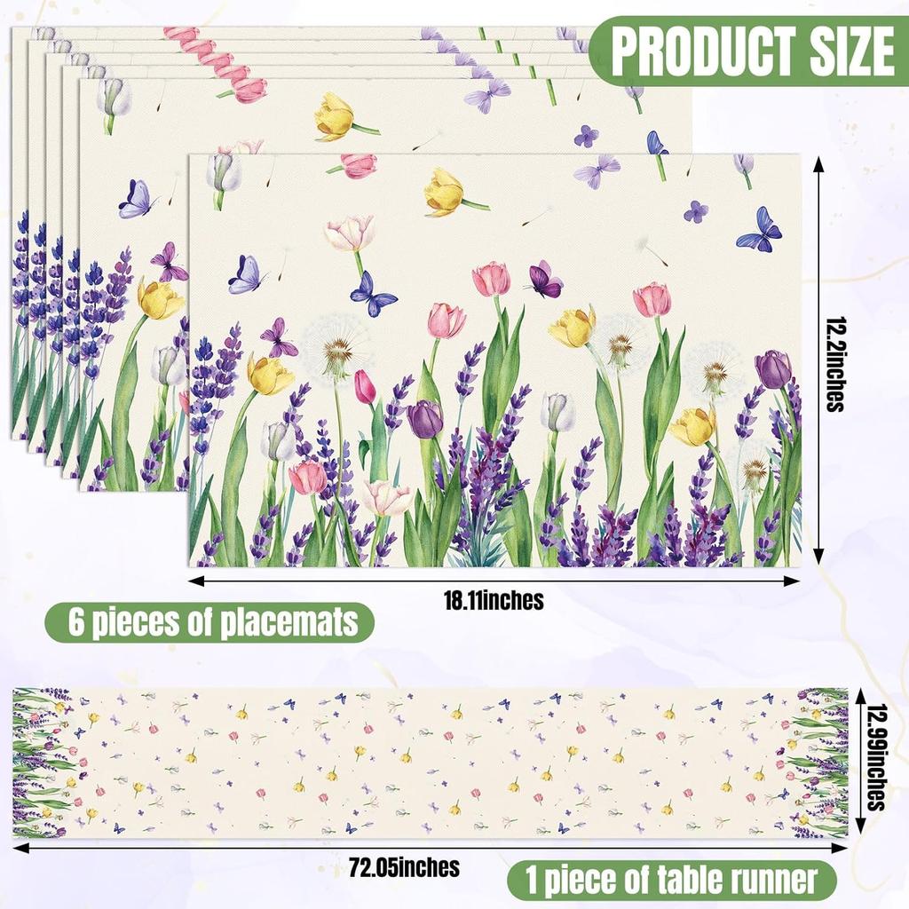 7 Pcs Spring Table Runner and Placemats Tulip Table Runner Placemats Set 72 x 13 Inch Linen Easter Farmhouse Rustic Floral Table Mat for Spring