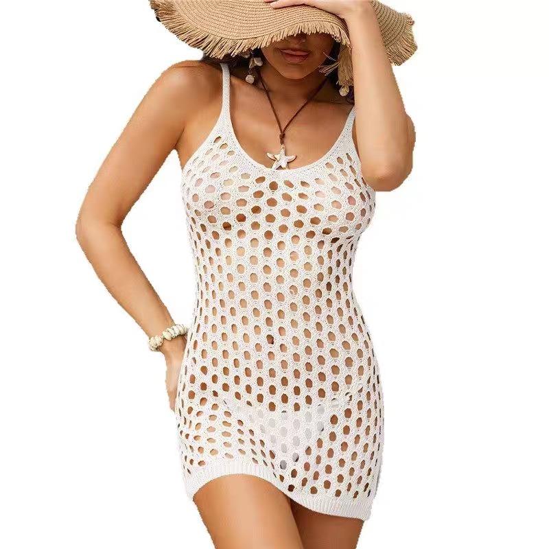 Vestido Corto Calado para Vacaciones en la Playa 2026 Moda Verano Transparente Sin Mangas de Tirantes Nuevo Sexy Ajustado al Cuerpo Vestido Casual para Mujer