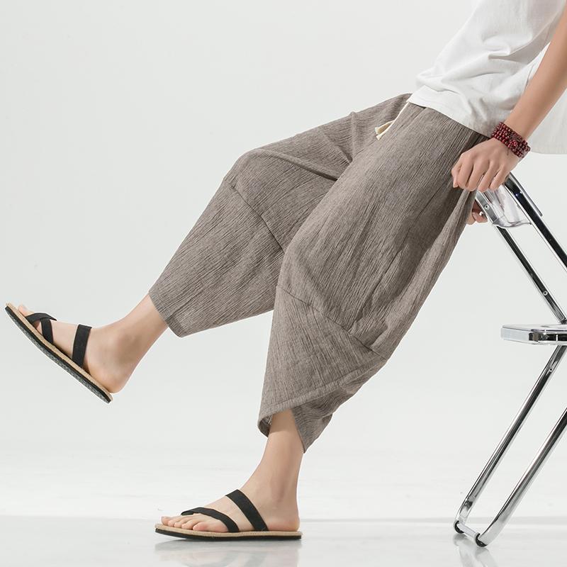 Chinese Style Summer Calf Length Casual Men's Pants Wide Leg Cotton Linen Harem Baggy Pants